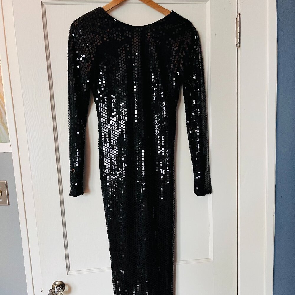 Vintage 80s Dave and Johnny Black Long Sleeve Sequin Pageant Prom Gown Size 6